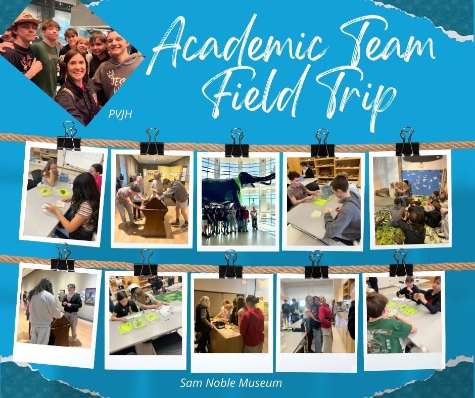 A bright blue collage titled “Academic Team Field Trip” showing junior high students on an academic team during a visit to the Sam Noble Museum. Multiple candid photos appear clipped like Polaroids, capturing students working on hands-on activities, collaborating at tables, exploring exhibits, and posing together as a group. The design has a scrapbook-style layout with rope and clips, highlighting learning, teamwork, and fun outside the classroom.