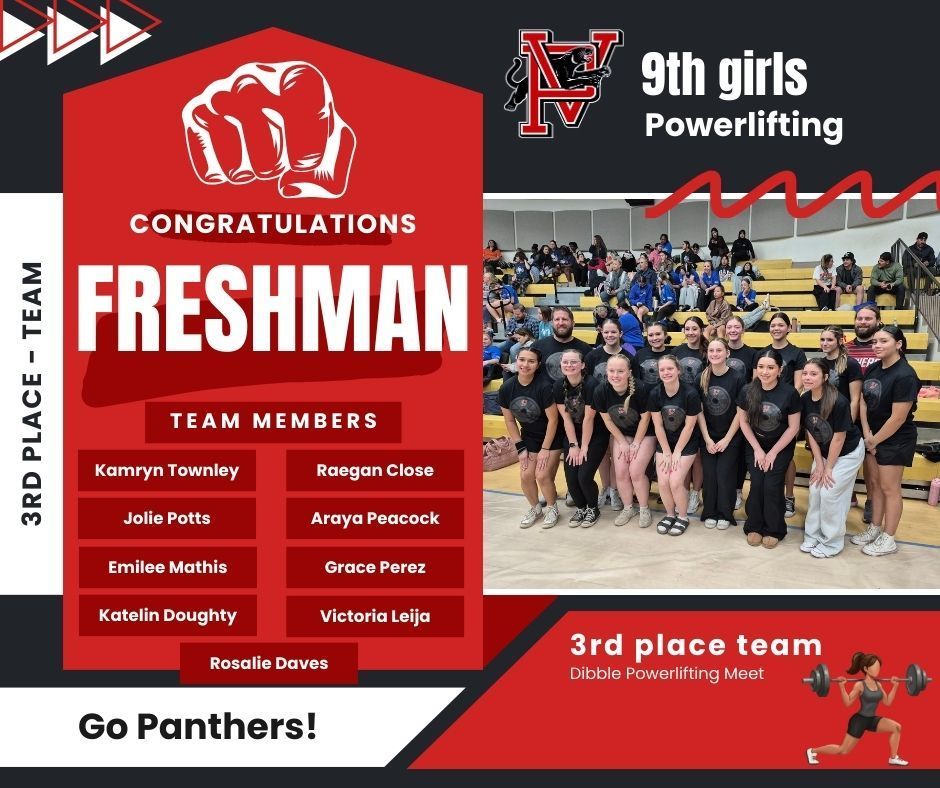 A large group of ninth grade girls powerlifting team members pose together in a gymnasium with spectators in the background. The graphic congratulates the freshman team on earning third place at the Dibble Powerlifting Meet and includes the team member names.