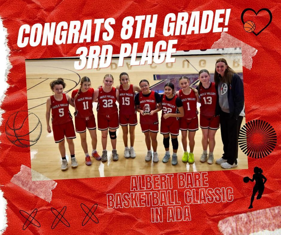 A group of middle school girls basketball players wearing red uniforms pose together on a gym floor holding a third-place trophy. Text reads “Congrats 8th Grade! 3rd Place” at the Albert Bare Basketball Classic in Ada.