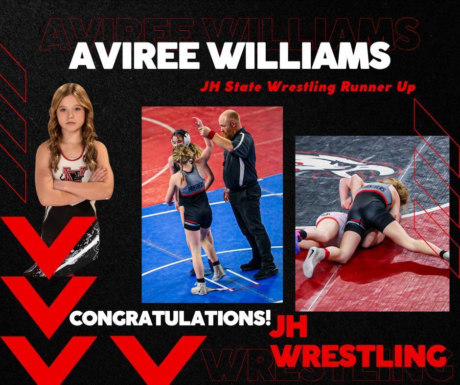 A middle school girl wrestler in a black and red singlet stands with her arms crossed in a posed portrait, alongside action photos of her competing on a wrestling mat and having her arm raised by a referee. The graphic congratulates Aviree Williams as a JH State Wrestling Runner-Up.