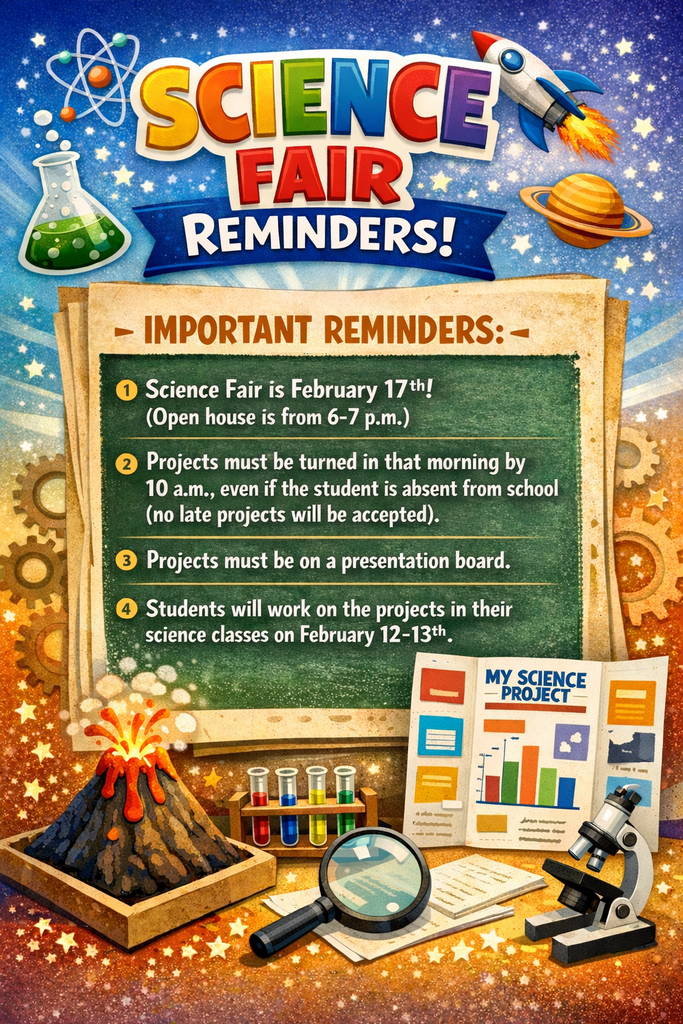 A colorful Science Fair reminder poster with a space and science theme. The heading reads “Science Fair Reminders!” surrounded by illustrations of a rocket, planets, stars, a beaker, and an atom. Below, a chalkboard-style section titled “Important Reminders” lists: the Science Fair is February 17th with an open house from 6–7 p.m.; projects must be turned in by 10 a.m. that morning even if a student is absent; no late projects will be accepted; projects must be on a presentation board; and students will work on projects in science class on February 12–13. At the bottom are illustrations of a volcano model, test tubes, a magnifying glass, a microscope, and a science project board.