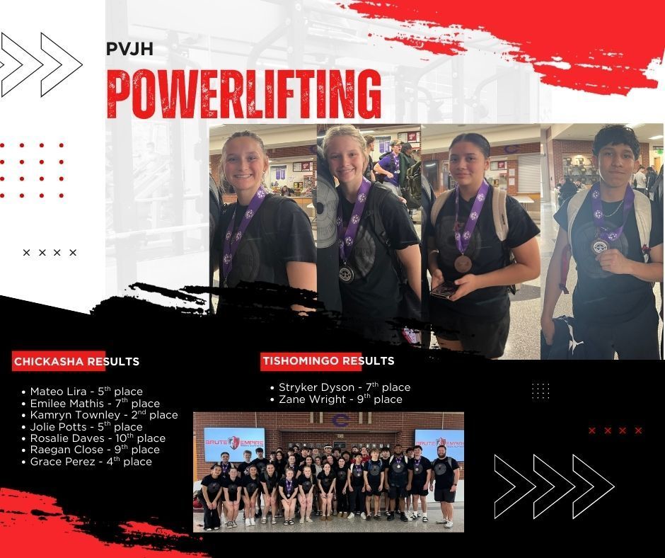 Graphic for PVJH Powerlifting showing four student athletes wearing medals, each with backpacks and black team shirts, standing in a school lobby. Below, a team group photo shows the full powerlifting squad posing together. Text lists meet results: Chickasha Results — Mateo Lira 5th, Emilee Mathis 7th, Kamryn Townley 2nd, Jolie Potts 5th, Rosalie Daves 10th, Reagan Close 9th, Grace Perez 4th. Tishomingo Results — Stryker Dyson 7th, Zane Wright 9th. Red, black, and white school-themed design elements decorate the background.
