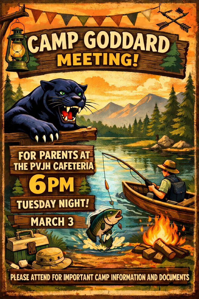 Illustrated flyer for a Camp Goddard Meeting featuring a black panther mascot roaring beside a wooden sign. The scene shows a lake with mountains and pine trees, a person fishing from a small boat, a fish jumping from the water, and a campfire burning on shore with camping gear nearby. Text reads: For parents at the PVJH cafeteria, 6 PM, Tuesday night, March 3. Please attend for important camp information and documents.