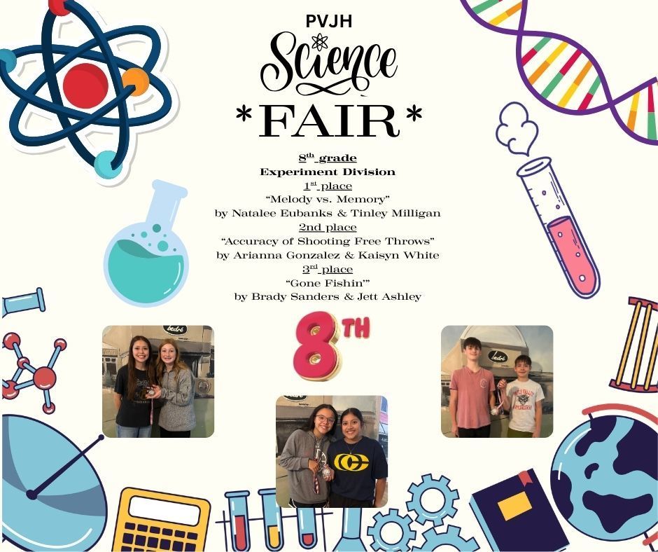Graphic titled “PVJH Science Fair.” Science-themed border graphics. 8th Grade Experiment Division winners listed: 1st place – “Melody vs. Memory” by Natalee Eubanks & Tinley Milligan 2nd place – “Accuracy of Shooting Free Throws” by Arianna Gonzalez & Kaisyn White 3rd place – “Gone Fishin’” by Brady Sanders & Jett Ashley Photos show student winners wearing medals and smiling indoors.