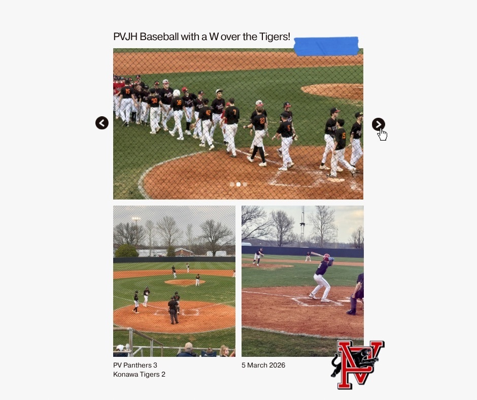 PVJH baseball players line up to shake hands after a game against Konawa. Additional photos show gameplay from the field and a batter at the plate. The graphic notes the Panthers defeated the Konawa Tigers 3–2 on March 5, 2026.