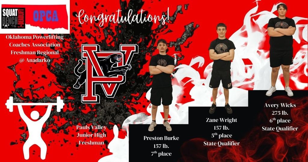 PVJH freshman powerlifters Preston BurZane Wright, and Avery Wicks compete at the OPCA Freshman Regional in Anadarko, with Wright and Wicks qualifying for state.