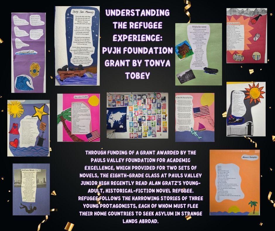 A celebratory collage on a black background with gold confetti accents highlights student work from a PVJH Foundation grant project titled “Understanding the Refugee Experience: PVJH Foundation Grant by Tonya Tobey.” Surrounding the title are colorful posters created by eighth-grade students, featuring poems, drawings, maps, and symbols representing themes of hope, displacement, and resilience. At the center is a display of many small student pieces arranged around a world map. Text at the bottom explains that the grant funded class sets of novels, and students read Refugee by Alan Gratz, which tells the stories of three young people fleeing their home countries in search of safety.