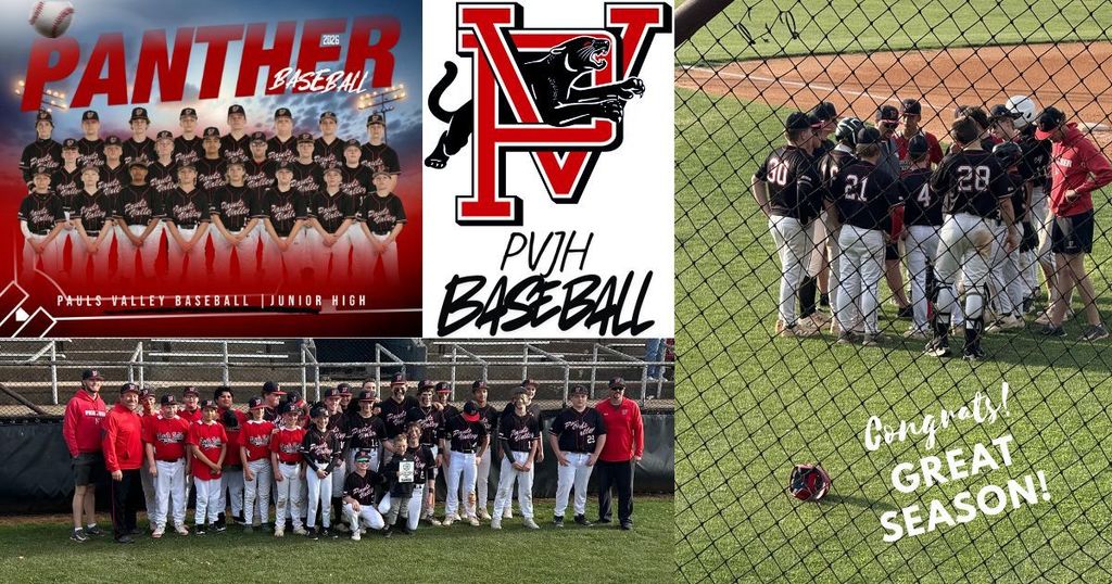 Collage of Pauls Valley Junior High Panthers baseball team: a posed team photo with “Panther Baseball 2026,” a red-and-black PV logo with a panther, a group huddle on the field, and a final team photo with coaches. Text on the image reads “Congrats Great Season!”