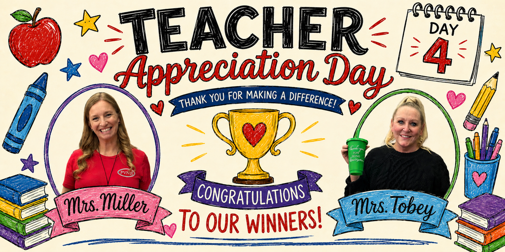 Teacher Appreciation Day 4 graphic celebrating Mrs. Miller and Mrs. Tobey with colorful doodle-style school artwork and thank-you message.