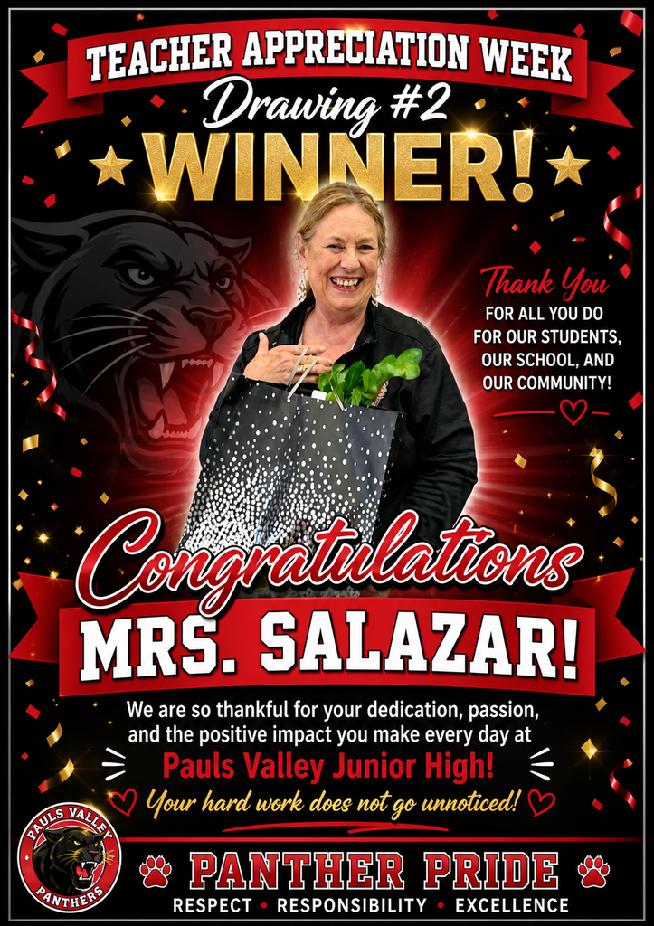 Teacher Appreciation Week Drawing #2 winner graphic honoring Mrs. Salazar with red and black Panther Pride theme and congratulatory message.