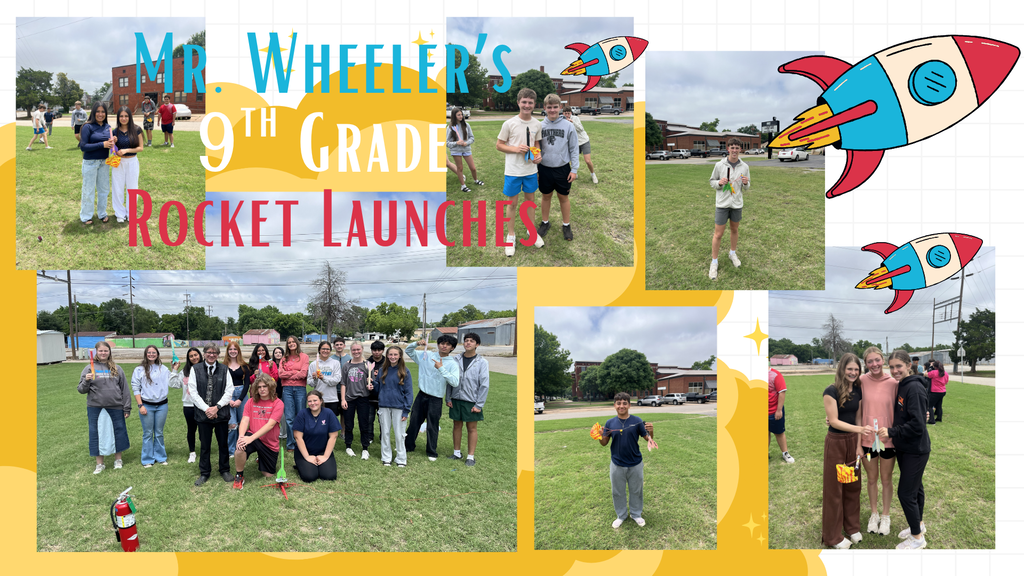 A colorful collage titled “Mr. Wheeler’s 9th Grade Rocket Launches” featuring several photos of junior high students outdoors on a grassy field holding and launching model rockets. One large group photo shows students and a teacher gathered around a launch pad, while smaller photos highlight individual students and pairs posing with their rockets. Bright yellow graphic accents and cartoon rocket illustrations decorate the design.