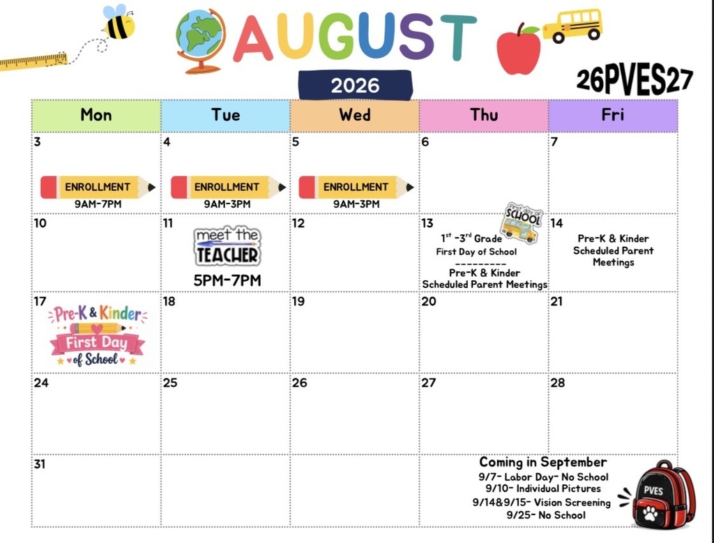 August 2026 PVES Calendar