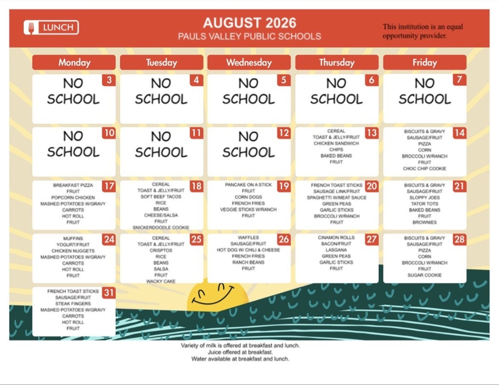 August 2026 Menu