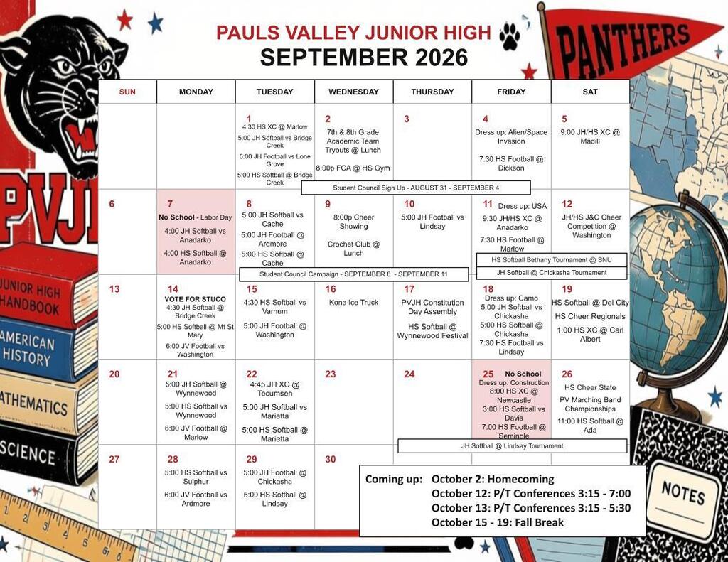 Pauls Valley Junior High September 2026 calendar featuring school events, athletics, dress-up days, Student Council activities, Labor Day and other important dates.