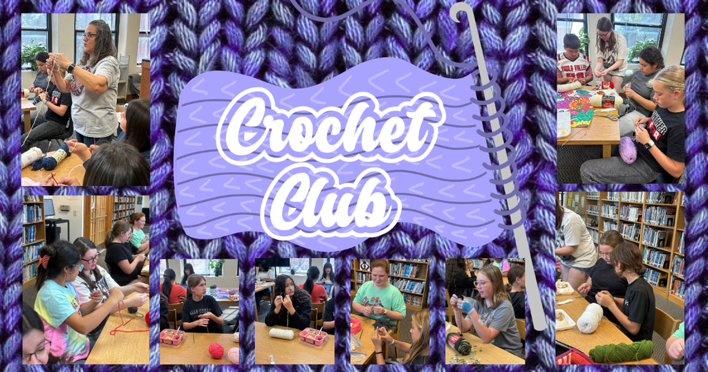 Collage from Crochet Clubโs first meeting at the school library. Students sit together at tables with colorful yarn and crochet hooks while a staff member demonstrates the technique and helps them begin their projects. The photos surround a lavender ball of yarn labeled โCrochet Clubโ against a purple knitted background.