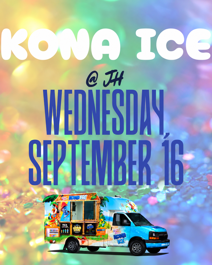 Colorful Kona Ice flyer announcing Kona Ice at PV Junior High on Wednesday, September 16. The graphic features a bright rainbow background with a Kona Ice truck at the bottom