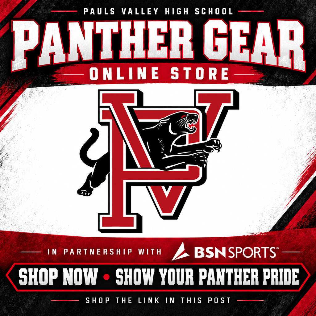 Pauls Valley High School Panther Gear online store advertisement in red, black, and white. The full PV Panthers logo appears in the center. Text reads: “Panther Gear Online Store. In partnership with BSN SPORTS. Shop now. Show your Panther pride. Shop the link in this post.”