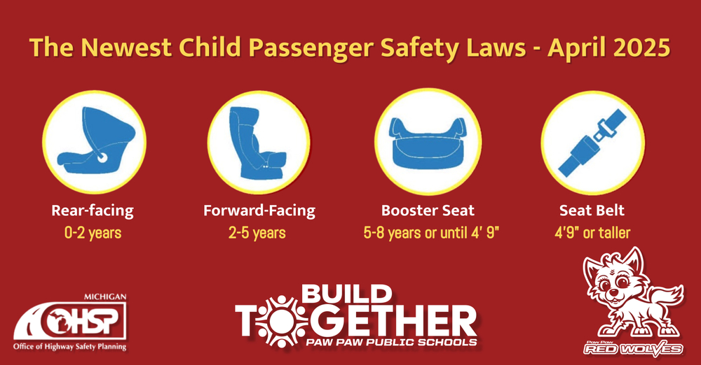 Newest Child Passenger Safety Laws According to updated laws as of April 2025, children must be secured in a car seat that is appropriate for their weight and height as indicated by the car seat's manufacturer. Infant to two years: A child must be in a rear-facing car seat until they reach the maximum weight or height allowed by the car seat's manufacturer or the child is 2 years old. Two to five years: The child can then move into a forward-facing car seat until they reach the maximum weight or height allowed by the car seat's manufacturer or the child is 5 years old. Five to eight years: The child can then move to a belt-positioning booster seat using a lap and shoulder belt until they are 4' 9" or 8 years old. All children under thirteen years: Children under the age of 13 must ride in the rear seat of a vehicle, if the vehicle has one available.