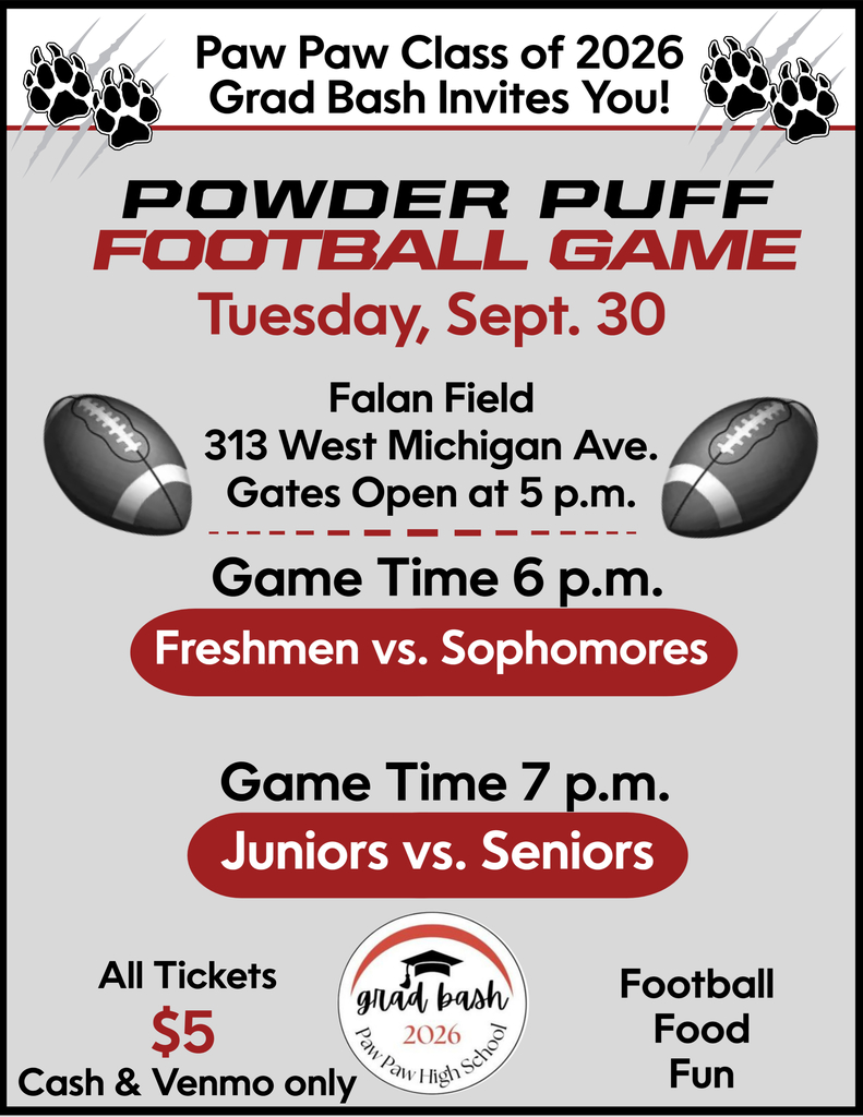 Join the Class of ‘26 Grad Bash for a night full of energy, school spirit, and FUN at the Powder Puff Game! 💥 📅 Tuesday, September 30th  🕔 Gates open at 5:00 PM  ⏰ Games at 6:00 & 7:00 PM  💵 $5 entry (cash or Venmo only – no passes) Bring your crew, bring your spirit, and don’t miss one of the most exciting events of the year! 🎉 Let’s pack the stands and cheer on our players and coaches as they battle it out under the lights! 🔥 👉 Spread the word..it’s going to be an unforgettable night!