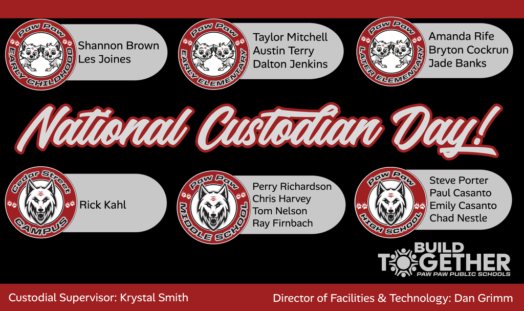 National Custodian Day, Krystal Smith-Custodial Supervisor  Taylor Mitchell-EE Lead Custodian Austin Terry-EE Custodian Dalton Jenkins-EE Custodian  Amanda Rife-LE Lead Custodian Bryton Cockrun-LE Custodian Jade Banks-LE Custodian  Shannon Brown-ECC Lead Custodian Les Joines-ECC Custodian  Rick Kahl-CS Custodian  Perry Richardson-MS Lead Custodian Christopher Harvey-MS Custodian Thomas Nelson-MS Custodian Raymond Firnbach-MS Custodian  Steven Porter-HS Lead Custodian Paul Casanto-HS Custodian Emily Casanto-HS Custodian Chad Nestle-HS Custodian  Dan Grimm Director of Facilities and Technology Paw Paw Public Schools 269.415.5299