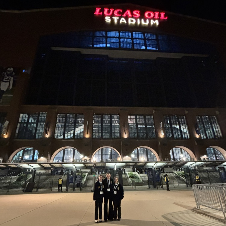 girls standing in front of the Lucas Oil Stadium