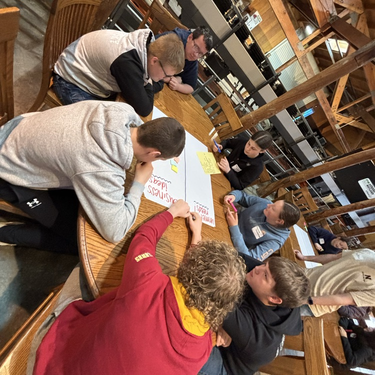 students writing entrepreneurship idea ideas on a poster sheet