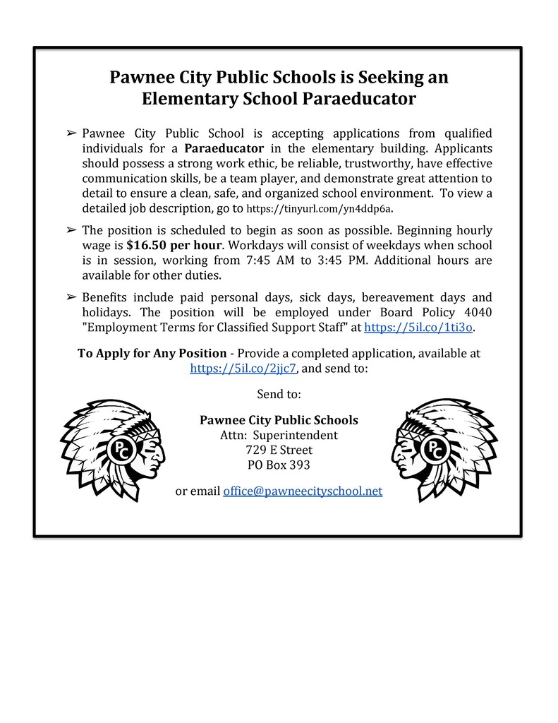 Paraeducator position available for the 2026.27 School year. 