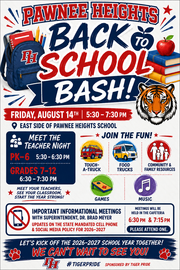 Back to School bash Friday, August 14th 5:30-7:30pm, Meet the teacher 5:30-6:30 for PK-6th and , 6:30- 7:30 pm, 7th Grade -12th grade