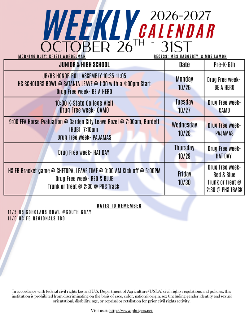 Weekly Calendar 10/26-10/30