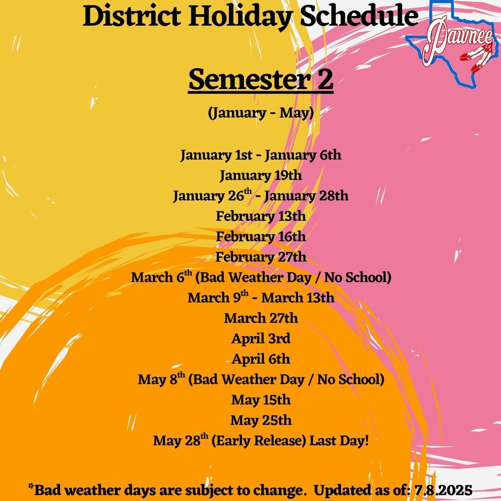 Semester 2 District Holiday Schedule