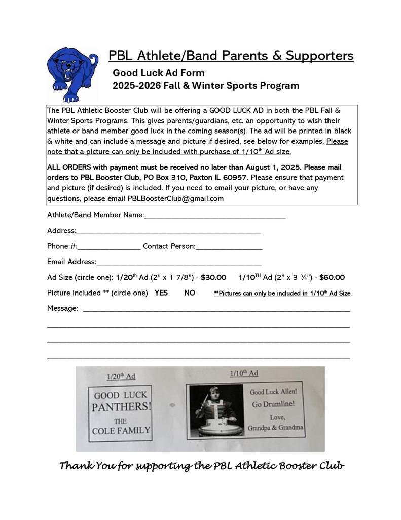 PBL Booster Club Fall Winter Sports Parent Ad Order Form 7
