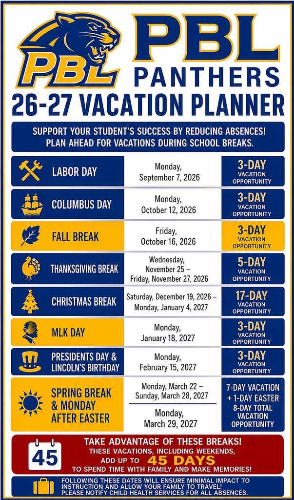 PBL Vacation Planner 2026-2027