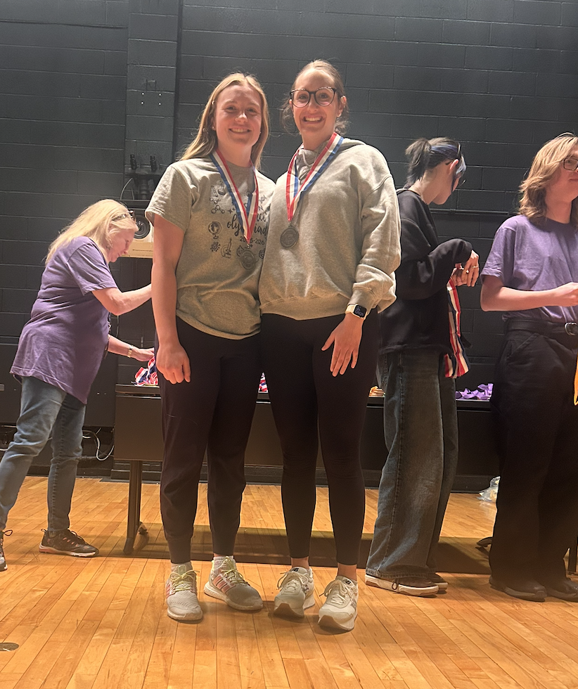 Ella and Marlee placing 2nd in Bungee Drop.