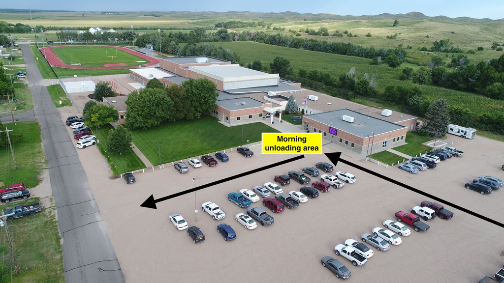Map of school parking lot showing morning drop-off zone.