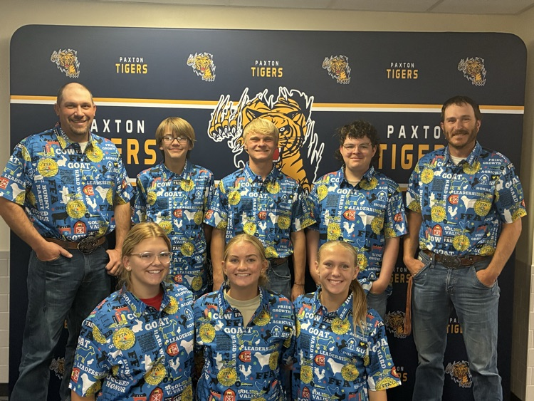 Paxton ffa officer team and advisors sporting their snazzy new shirts donated by Linda Drew’s.