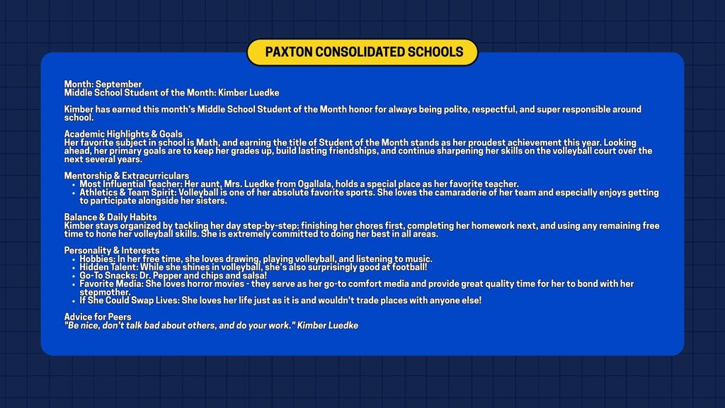 September Middle School Student of the Month graphic featuring Kimber Luedke. Details her academic goals, volleyball involvement, hobbies, and advice for peers.