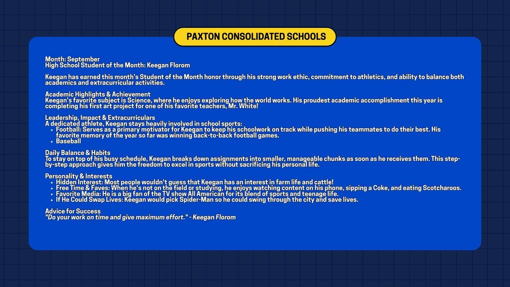High School Student of the Month flyer for September, featuring Keegan Florom. Text details his academic highlights, sports involvement, personal interests, and advice for success.