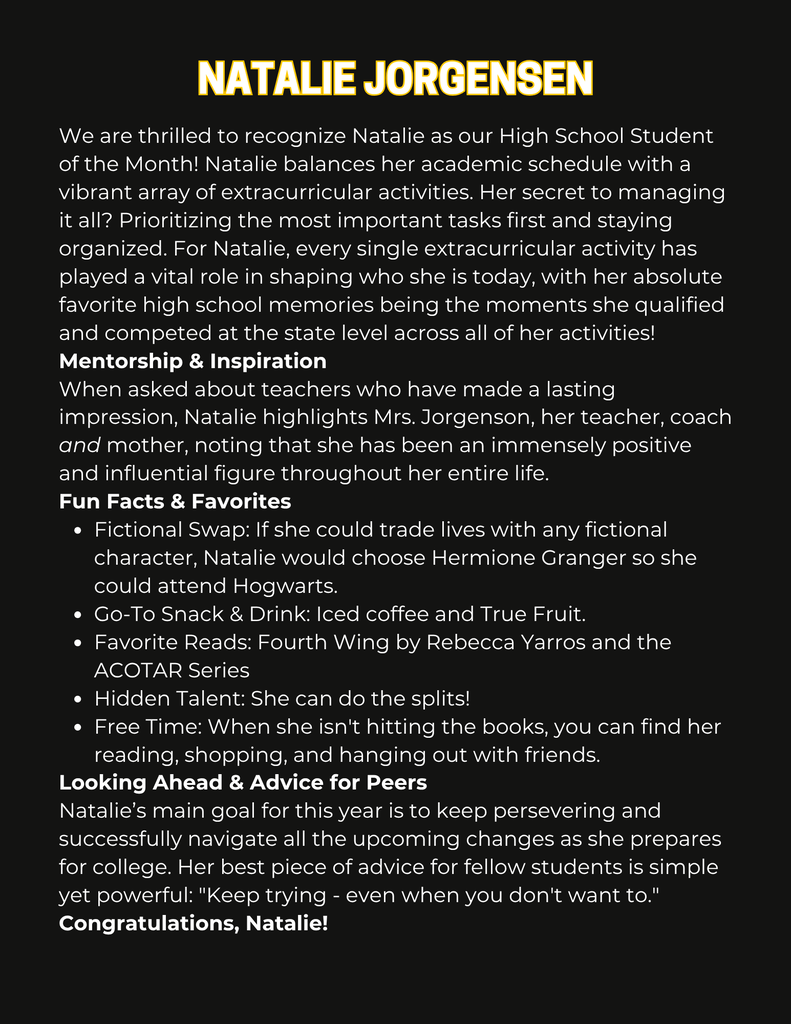 Natalie Jorgensen Student of the Month Student Profile