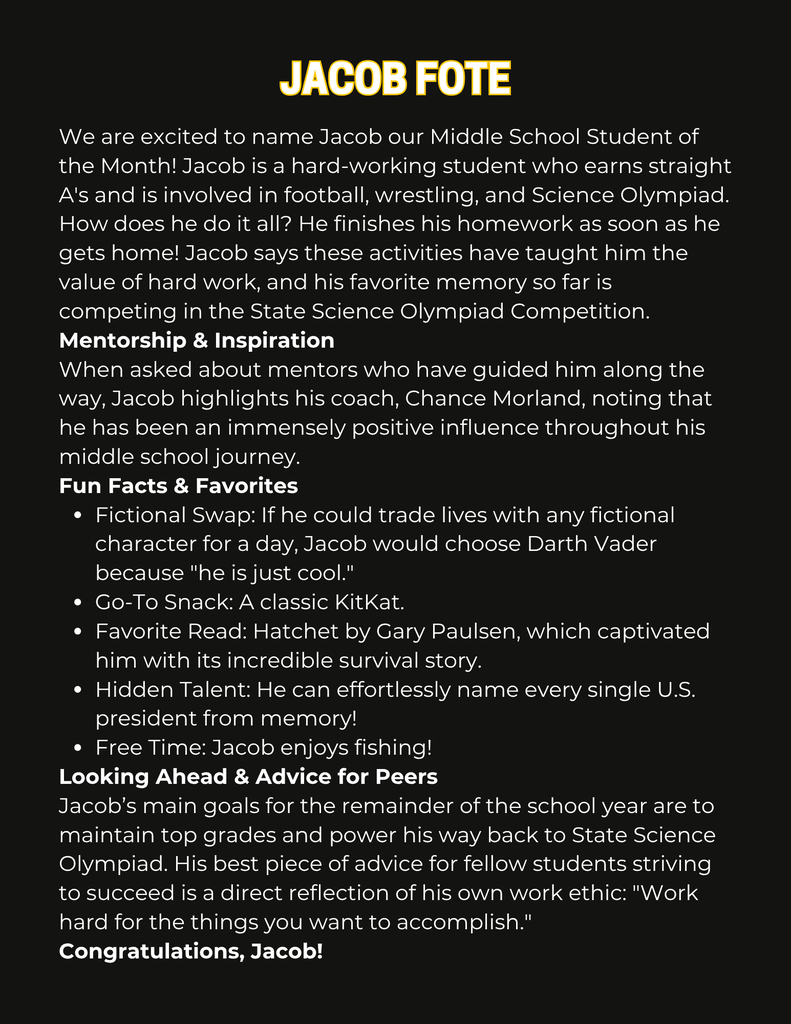 Jacob Fote Student of the Month Student Profile