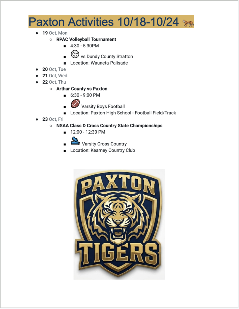 List of Paxton Activities for the week