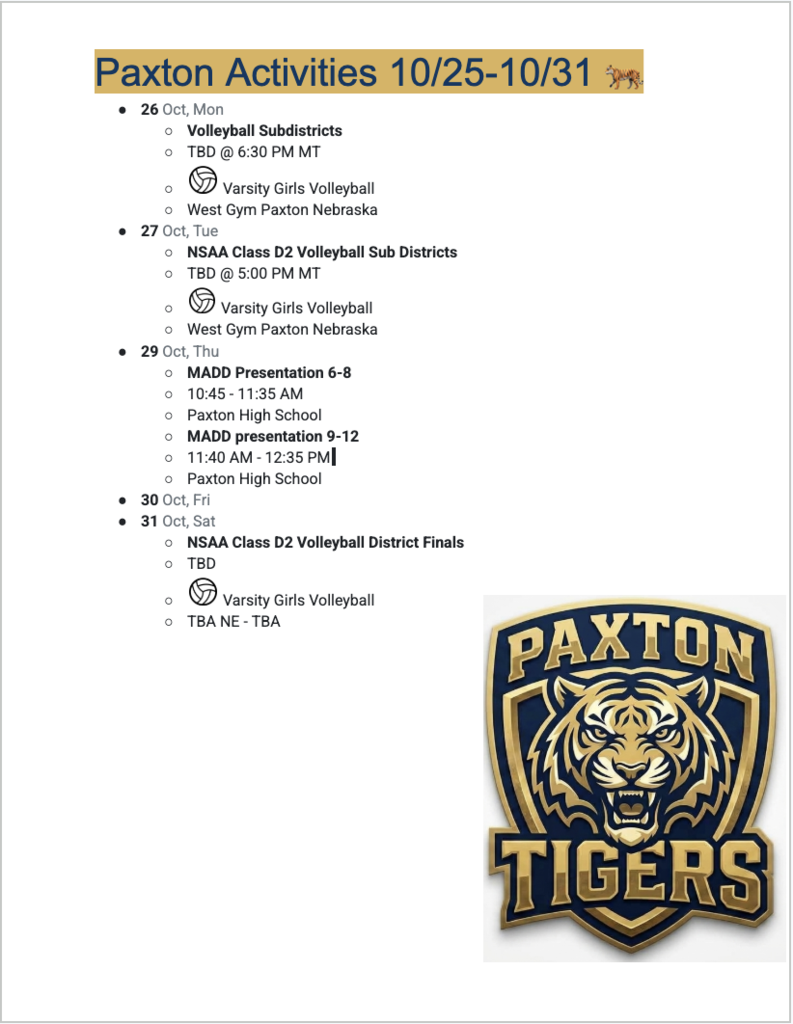 List of Paxton Activities for the week