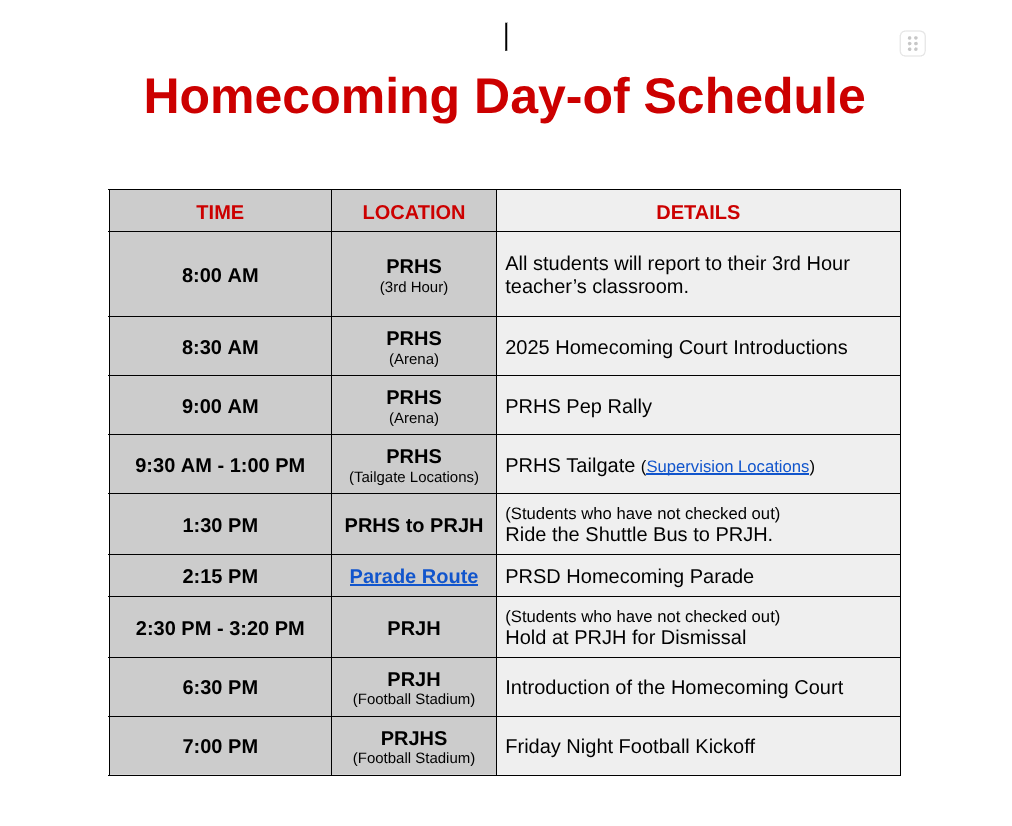 Homecoming Day of Schedule