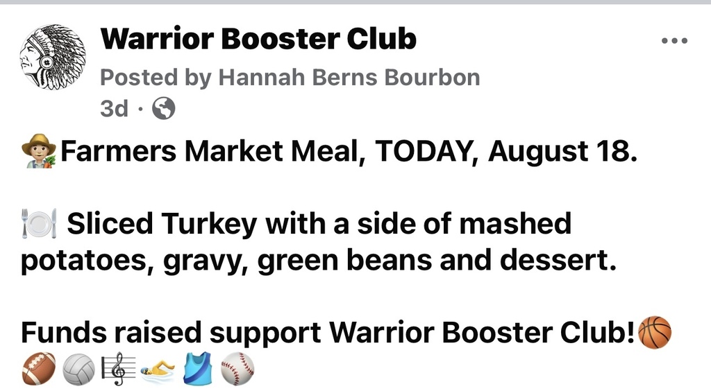 Warrior Booster Club Farmers Market August 18