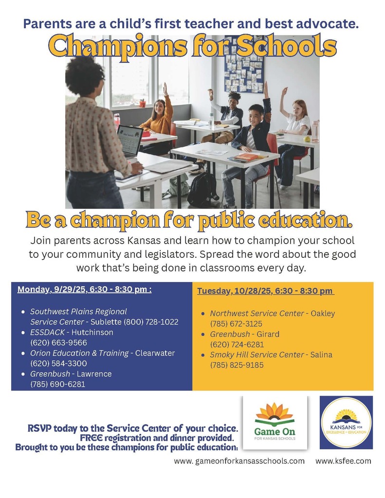 Champtions for Schools - ESSDACK,  9/29/2025 @ 6:30 pm - 620-663-9566 for more infomration.