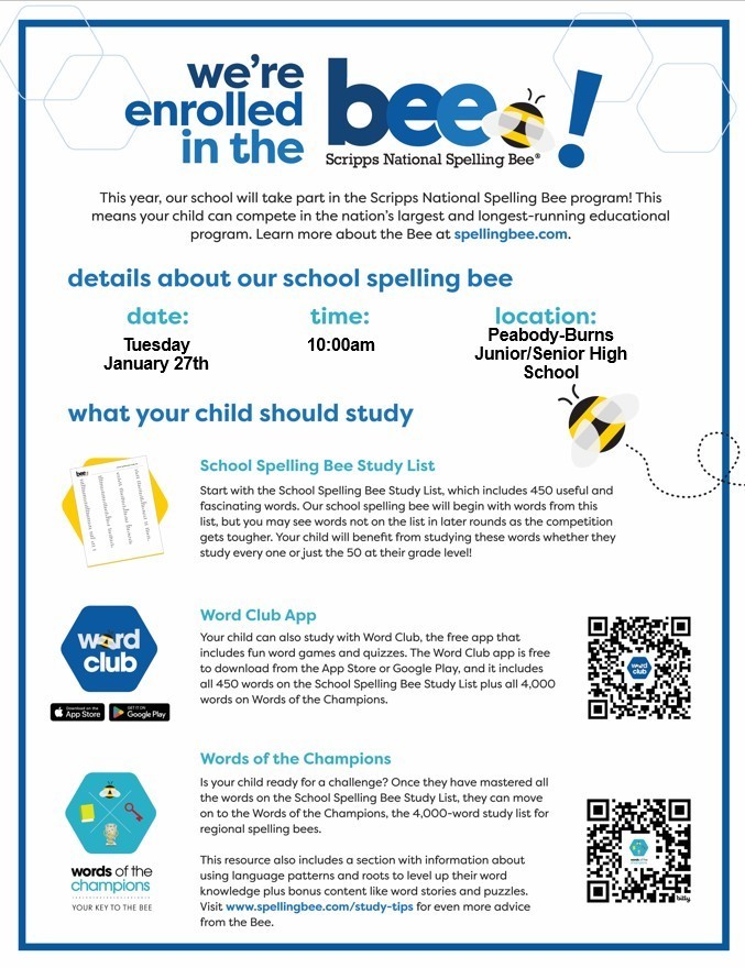 Our Junior High Spelling Bee will be held in the new gym on January 27th at 10:00am.  Any student in sixth, seventh or eighth grade are invited to participate.  Please come watch our amazing spellers do their thing!