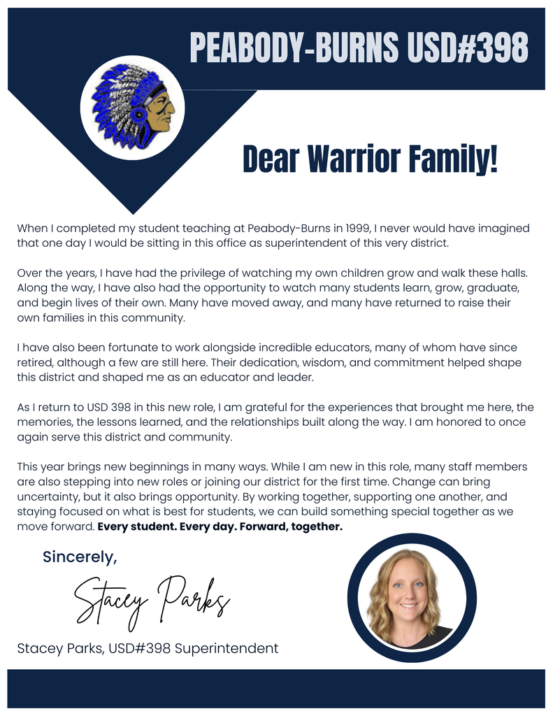 Welcome letter from Superintendent. For more information call 620-983-2198.