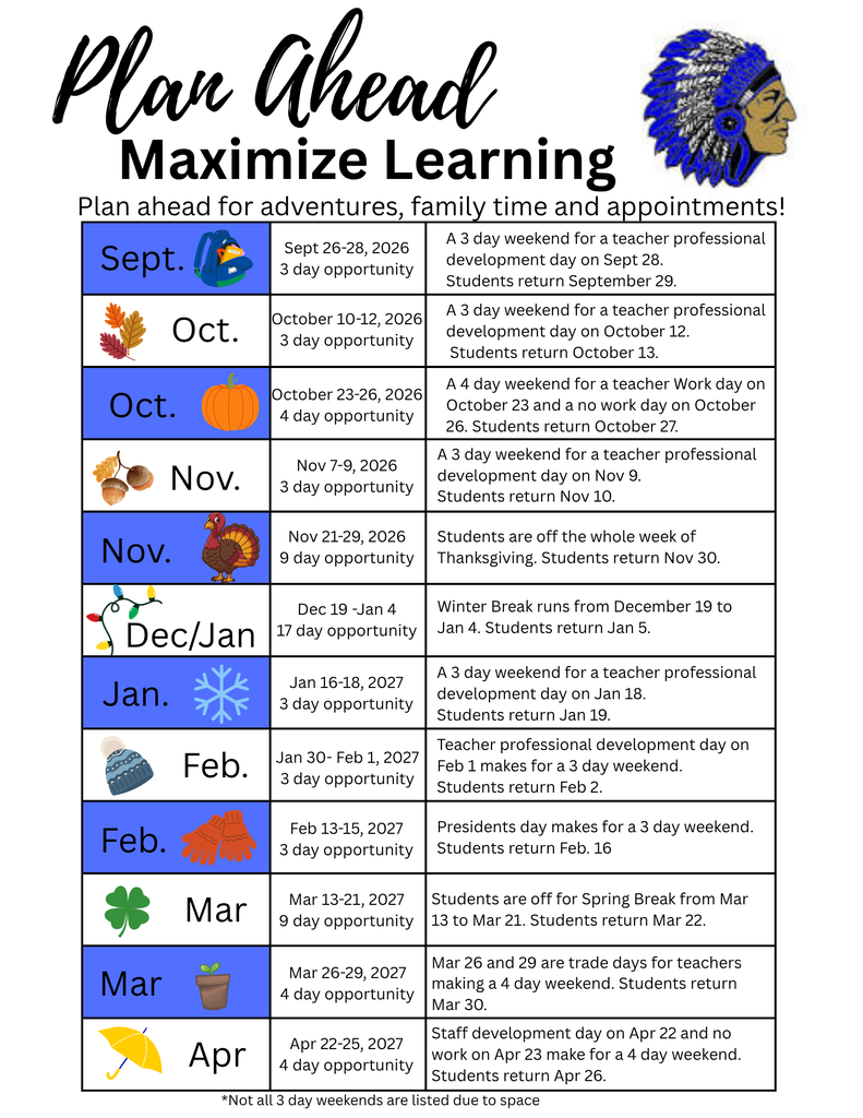 Image showing days off of school giving 3 or more days off in a row.