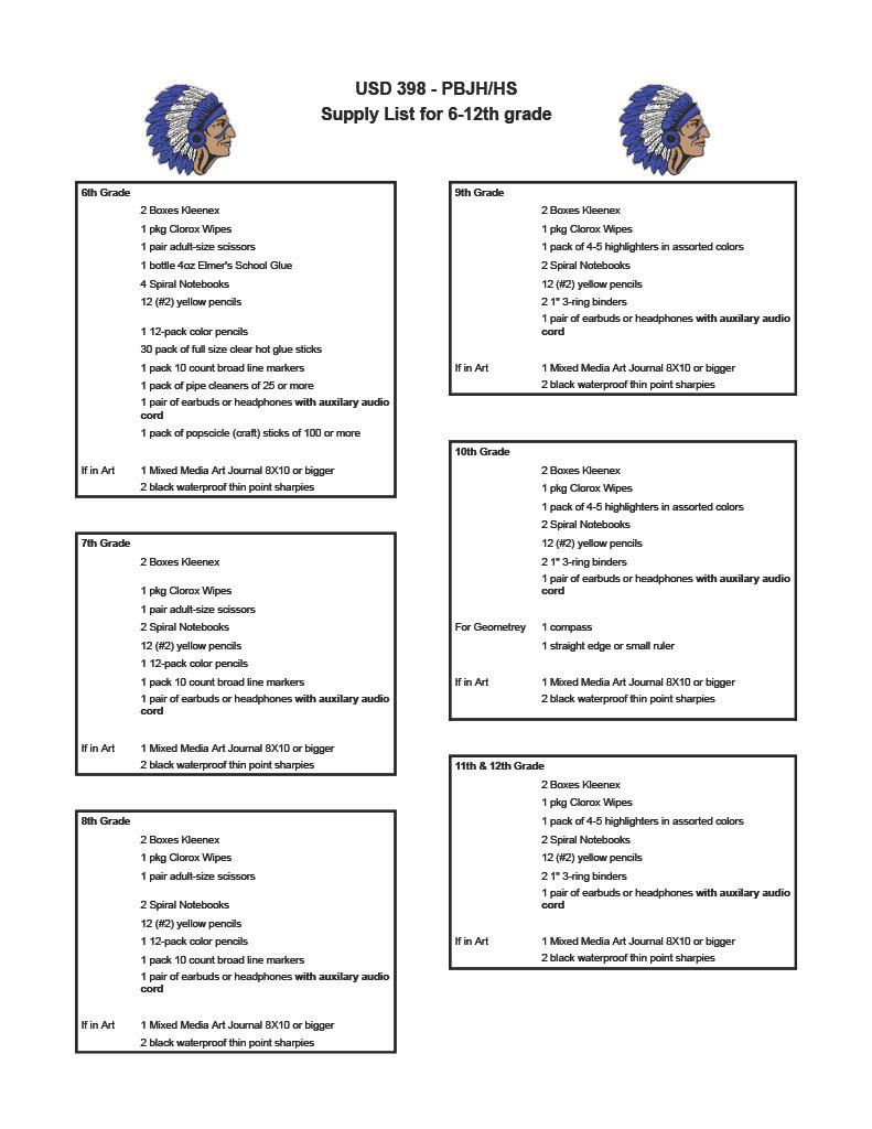 Image of supply list for middle high school