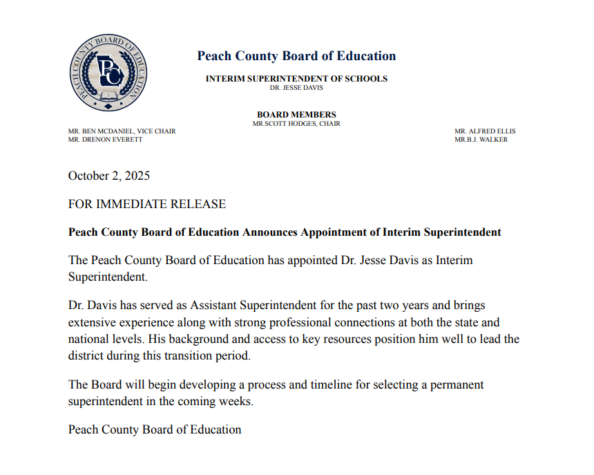 The Peach County Board of Education has appointed Dr. Jesse Davis as Interim Superintendent 