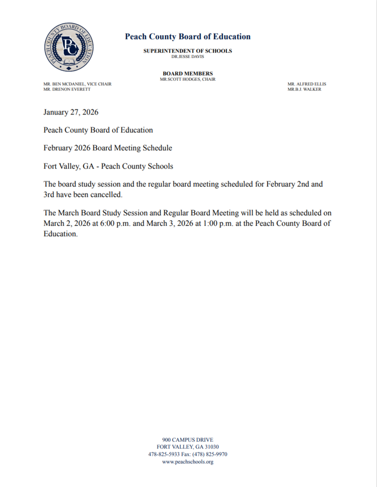 Peach County Board of Education Board Meeting Schedule Update